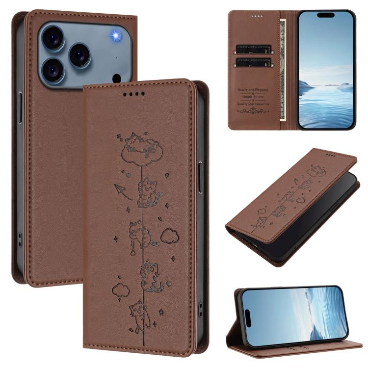เคสโทรศัพท์หนังวีแกนลายแมวน่ารักปั๊มลายแม่เหล็กและ RFID สำหรับ iPhone 17e / 16e, สำหรับ iPhone 17 Pro Max, สำหรับ iPhone 17 Pro, สำหรับ iPhone 17