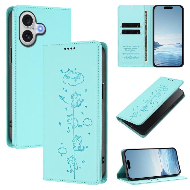 เคสโทรศัพท์หนังวีแกนลายแมวน่ารักปั๊มลายแม่เหล็กและ RFID สำหรับ iPhone 17e / 16e, สำหรับ iPhone 17 Pro Max, สำหรับ iPhone 17 Pro, สำหรับ iPhone 17