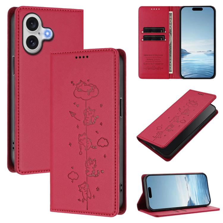 เคสโทรศัพท์หนังวีแกนลายแมวน่ารักปั๊มลายแม่เหล็กและ RFID สำหรับ iPhone 17e / 16e, สำหรับ iPhone 17 Pro Max, สำหรับ iPhone 17 Pro, สำหรับ iPhone 17