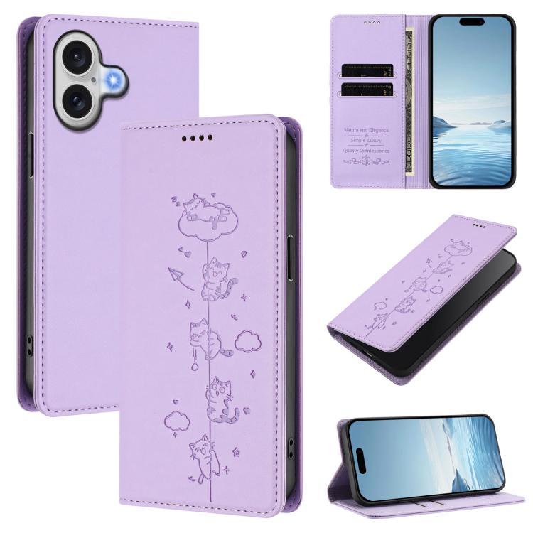 เคสโทรศัพท์หนังวีแกนลายแมวน่ารักปั๊มลายแม่เหล็กและ RFID สำหรับ iPhone 17e / 16e, สำหรับ iPhone 17 Pro Max, สำหรับ iPhone 17 Pro, สำหรับ iPhone 17