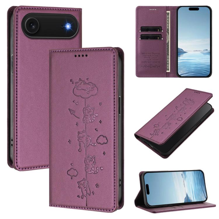 เคสโทรศัพท์หนังวีแกนลายแมวสวยน่ารักพร้อมแม่เหล็ก RFID สำหรับ iPhone Air, สำหรับ iPhone 16 Pro Max, สำหรับ iPhone 16 Pro, สำหรับ iPhone 16 Plus