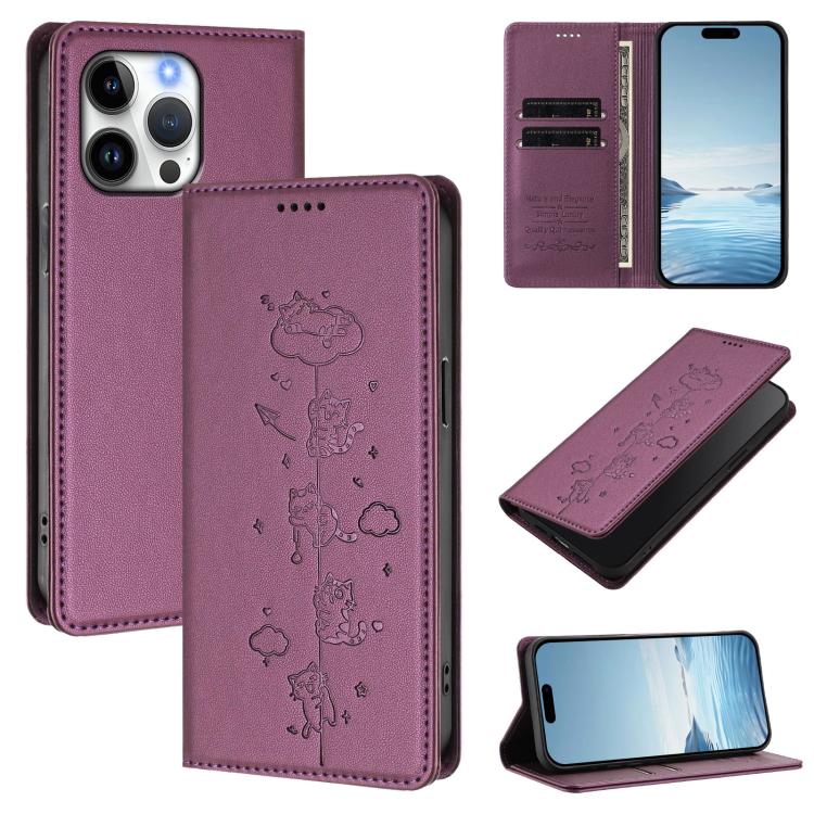 เคสโทรศัพท์หนังวีแกนลายแมวสวยน่ารักพร้อมแม่เหล็ก RFID สำหรับ iPhone Air, สำหรับ iPhone 16 Pro Max, สำหรับ iPhone 16 Pro, สำหรับ iPhone 16 Plus