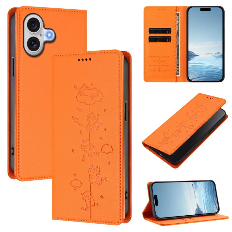 เคสโทรศัพท์หนังวีแกนลายแมวสวยน่ารักพร้อมแม่เหล็ก RFID สำหรับ iPhone Air, สำหรับ iPhone 16 Pro Max, สำหรับ iPhone 16 Pro, สำหรับ iPhone 16 Plus