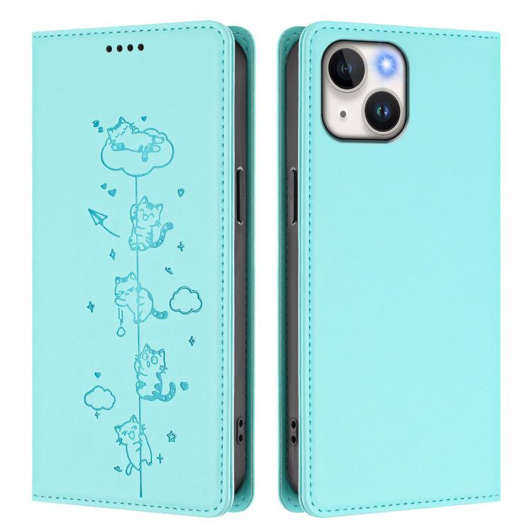 Cute Cats Embossed Magnetic RFID Vegan Leather Phone Case, For iPhone 15, For iPhone 14 Plus, For iPhone 14 / 13, For iPhone 14 Pro
