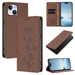 Cute Cats Embossed Magnetic RFID Vegan Leather Phone Case, For iPhone 15, For iPhone 14 Plus, For iPhone 14 / 13, For iPhone 14 Pro