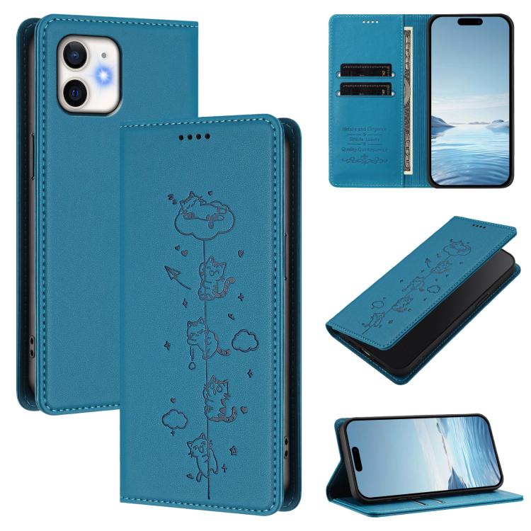 Cute Cats Embossed Magnetic RFID Vegan Leather Phone Case, For iPhone 12 / 12 Pro, For iPhone 11 Pro Max, For iPhone 11, For iPhone 11 Pro