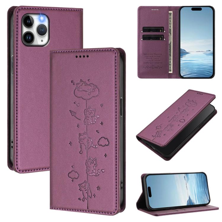 Cute Cats Embossed Magnetic RFID Vegan Leather Phone Case, For iPhone 12 / 12 Pro, For iPhone 11 Pro Max, For iPhone 11, For iPhone 11 Pro