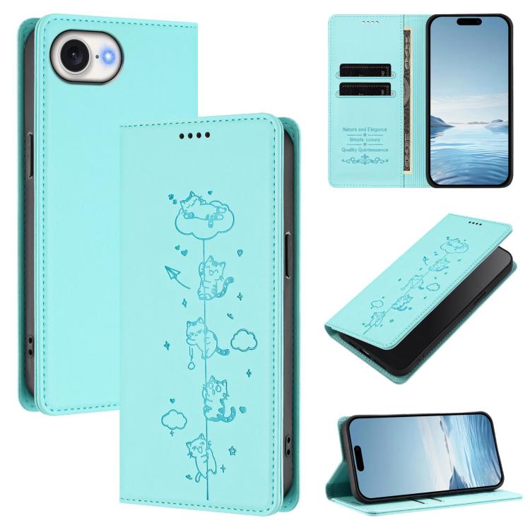 เคสโทรศัพท์หนังวีแกนลายแมวน่ารักปั๊มลายแม่เหล็กและ RFID สำหรับ iPhone 17e / 16e, สำหรับ iPhone 17 Pro Max, สำหรับ iPhone 17 Pro, สำหรับ iPhone 17