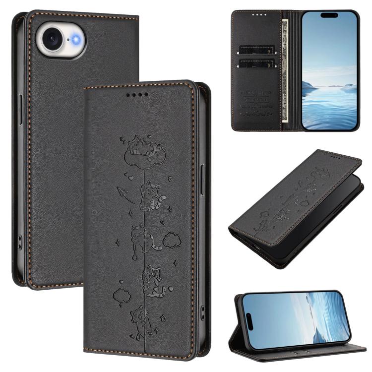 เคสโทรศัพท์หนังวีแกนลายแมวน่ารักปั๊มลายแม่เหล็กและ RFID สำหรับ iPhone 17e / 16e, สำหรับ iPhone 17 Pro Max, สำหรับ iPhone 17 Pro, สำหรับ iPhone 17