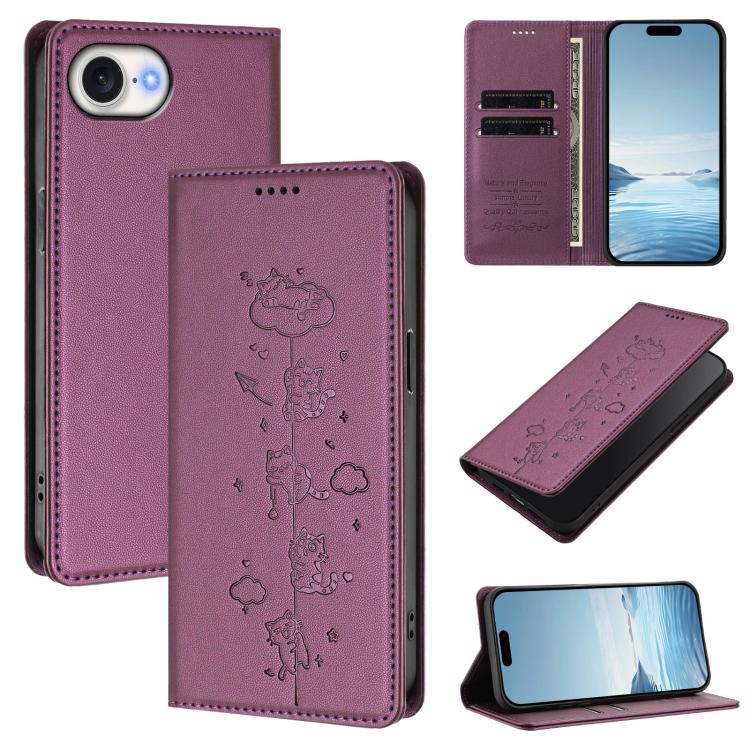 เคสโทรศัพท์หนังวีแกนลายแมวน่ารักปั๊มลายแม่เหล็กและ RFID สำหรับ iPhone 17e / 16e, สำหรับ iPhone 17 Pro Max, สำหรับ iPhone 17 Pro, สำหรับ iPhone 17
