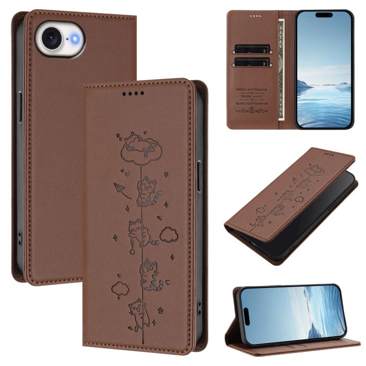เคสโทรศัพท์หนังวีแกนลายแมวน่ารักปั๊มลายแม่เหล็กและ RFID สำหรับ iPhone 17e / 16e, สำหรับ iPhone 17 Pro Max, สำหรับ iPhone 17 Pro, สำหรับ iPhone 17
