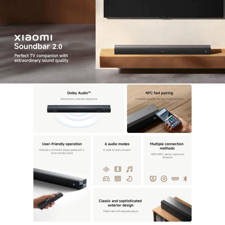 ลำโพงซาวด์บาร์ Xiaomi แท้ 2.0 สำหรับทีวีและคอมพิวเตอร์ รองรับการเชื่อมต่อ NFC ปลั๊ก US