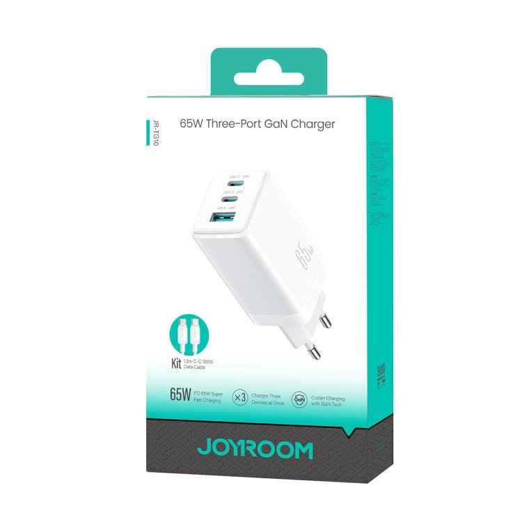 JOYROOM JR-TG10 ที่ชาร์จ GaN 65W แบบสองพอร์ต Type-C และ USB 3 พอร์ต พร้อมสาย Type-C เป็น Type-C, ปลั๊ก EU, ปลั๊ก UK