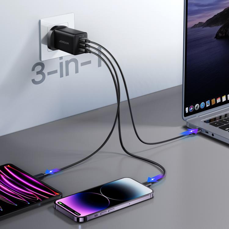 JOYROOM JR-TG10 65W GaN Dual Type-C, USB 3-Port Charger with Type-C to 8 Pin Cable, UK Plug