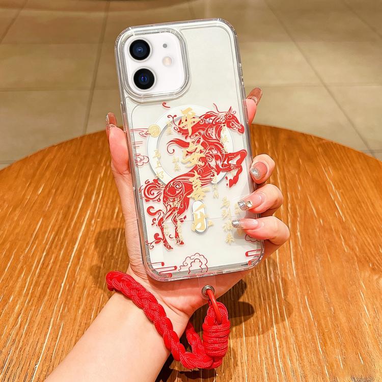 เคสโทรศัพท์อะคริลิกแม่เหล็กลายปีม้า พร้อมสายคล้อง สำหรับ iPhone 13, สำหรับ iPhone 12, สำหรับ iPhone 12 Pro Max, สำหรับ iPhone 12 Pro