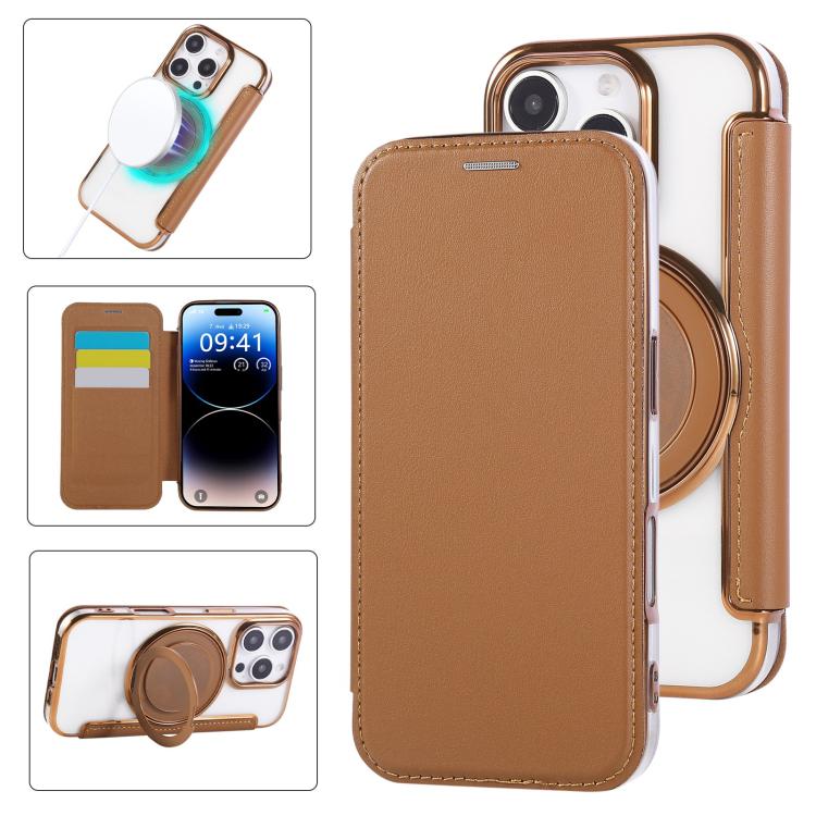 Ultra-thin Rotation Holder Magnetic Plating Vegan Leather Phone Case, For iPhone 16 Pro, For iPhone 16 Plus, For iPhone 16, For iPhone 15 Pro Max, For iPhone 15 Pro, For iPhone 15 Plus / 14 Plus