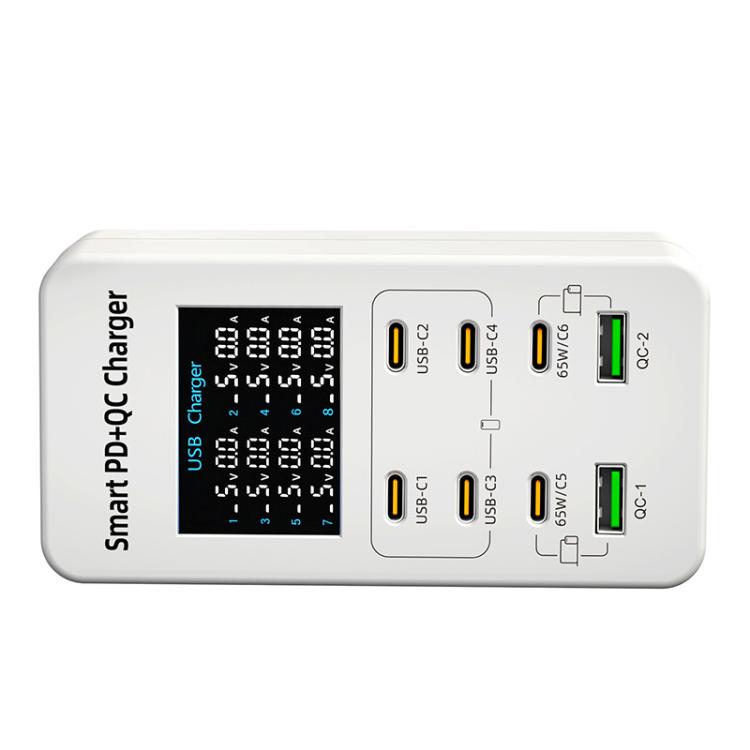 A8C ชาร์จเจอร์มัลติพอร์ตตั้งโต๊ะพร้อมพอร์ต USB-A 2 ช่อง และ USB-C / Type-C 6 ช่อง พร้อมจอแสดงผลดิจิทัล, ปลั๊ก US, EU, UK, AU