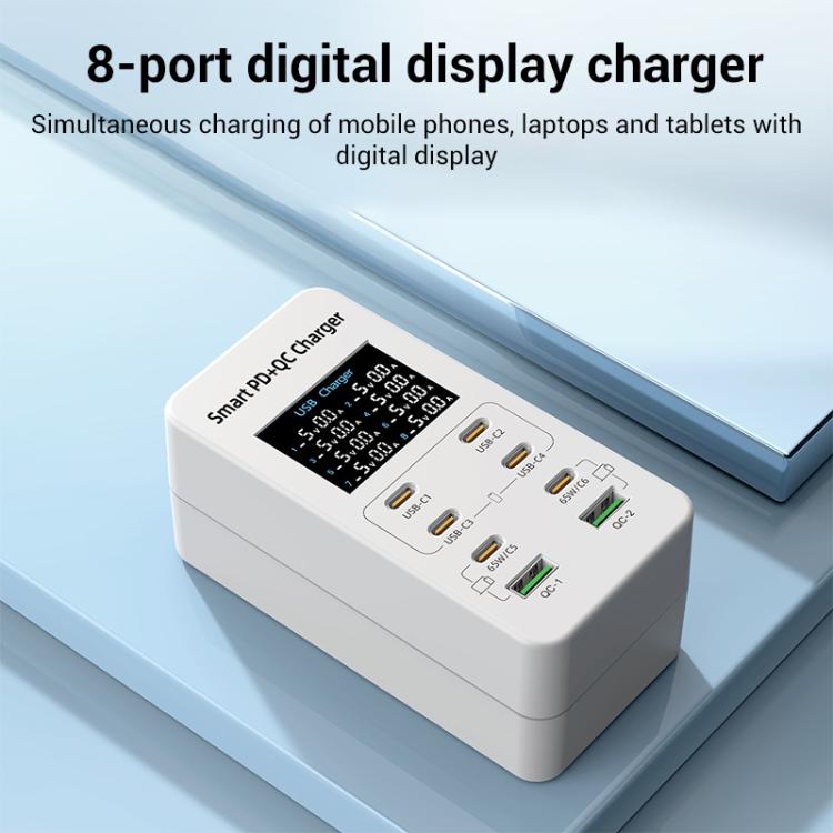 A8C ชาร์จเจอร์มัลติพอร์ตตั้งโต๊ะพร้อมพอร์ต USB-A 2 ช่อง และ USB-C / Type-C 6 ช่อง พร้อมจอแสดงผลดิจิทัล, ปลั๊ก US, EU, UK, AU
