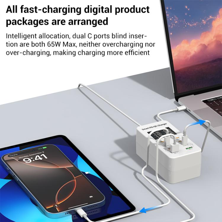 A8C ชาร์จเจอร์มัลติพอร์ตตั้งโต๊ะพร้อมพอร์ต USB-A 2 ช่อง และ USB-C / Type-C 6 ช่อง พร้อมจอแสดงผลดิจิทัล, ปลั๊ก US, EU, UK, AU
