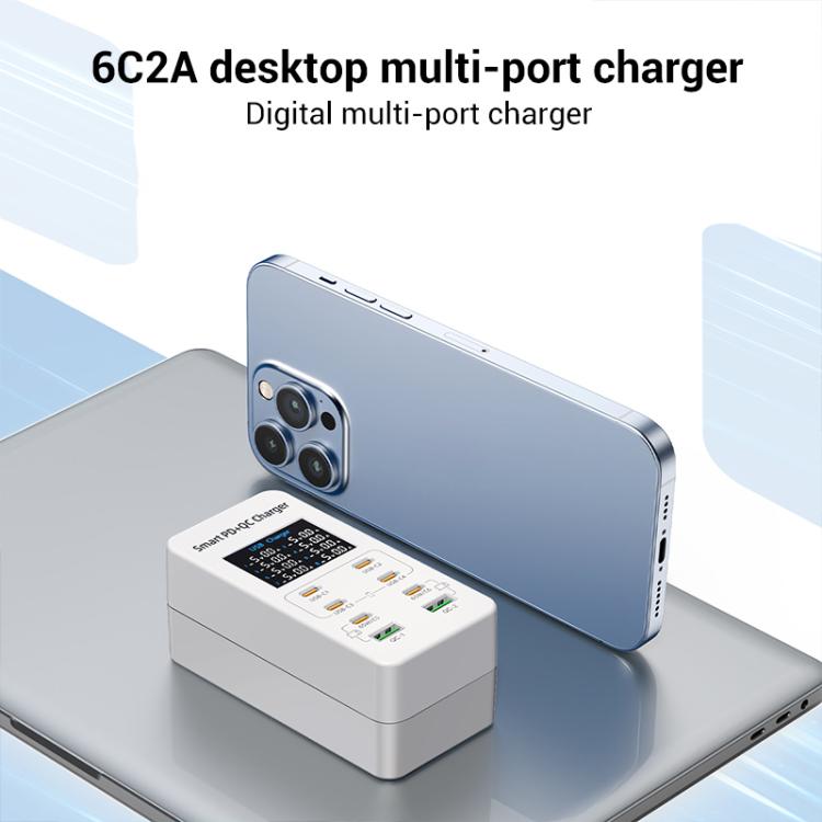 A8C ชาร์จเจอร์มัลติพอร์ตตั้งโต๊ะพร้อมพอร์ต USB-A 2 ช่อง และ USB-C / Type-C 6 ช่อง พร้อมจอแสดงผลดิจิทัล, ปลั๊ก US, EU, UK, AU