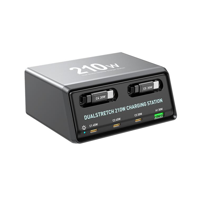 WXL-60E สถานีชาร์จเดสก์ท็อปมัลติพอร์ต 6-in-1 กำลังไฟ 210W พร้อมสายเคเบิลกล้องโทรทรรศน์คู่ในตัว, WXL-60E