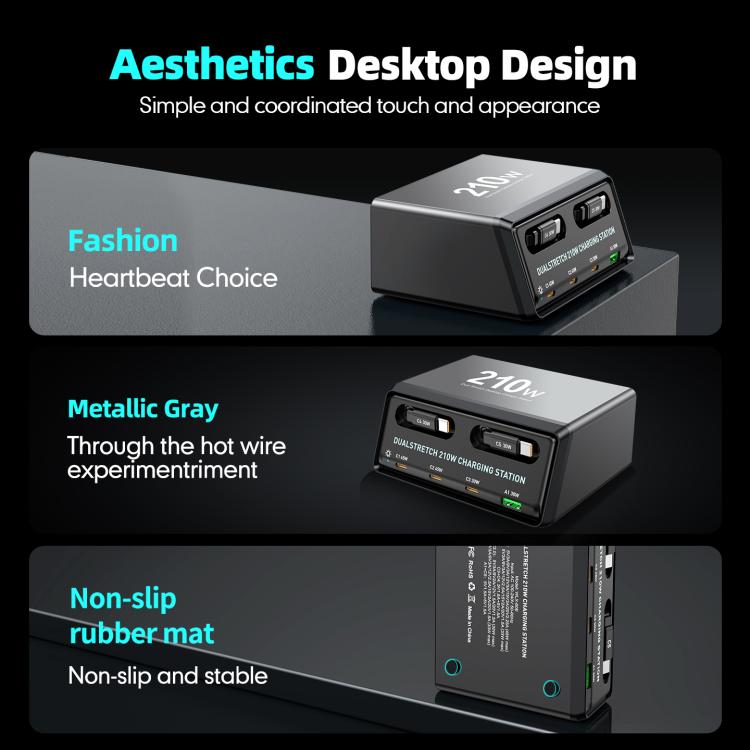 WXL-60E สถานีชาร์จเดสก์ท็อปมัลติพอร์ต 6-in-1 กำลังไฟ 210W พร้อมสายเคเบิลกล้องโทรทรรศน์คู่ในตัว, WXL-60E
