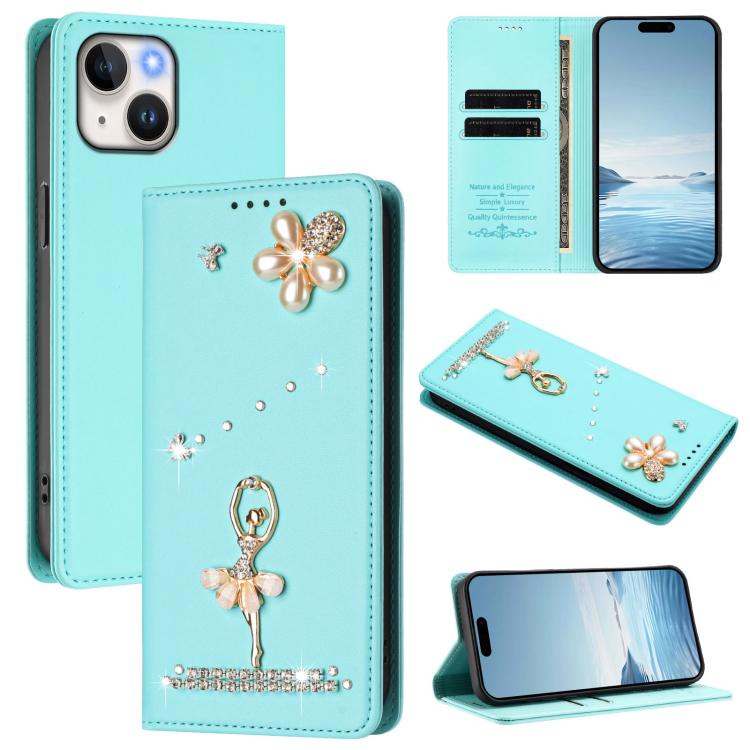 กระเป๋าโทรศัพท์หนังวีแกนประดับเพชรลายสาวบัลเลต์ พร้อม RFID สำหรับ iPhone 15, สำหรับ iPhone 14 Plus, สำหรับ iPhone 14 / 13, สำหรับ iPhone 14 Pro, สำหรับ iPhone 14 Pro Max, สำหรับ iPhone 13 Pro Max