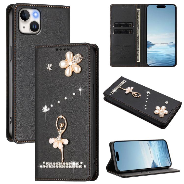 เคสโทรศัพท์หนังวีแกนแม่เหล็ก RFID ประดับเพชรลายสาวบัลเลต์ สำหรับ iPhone 16 Pro, สำหรับ iPhone 16 Plus, สำหรับ iPhone 16, สำหรับ iPhone 15 Pro Max, สำหรับ iPhone 15 Pro, สำหรับ iPhone 15 Plus