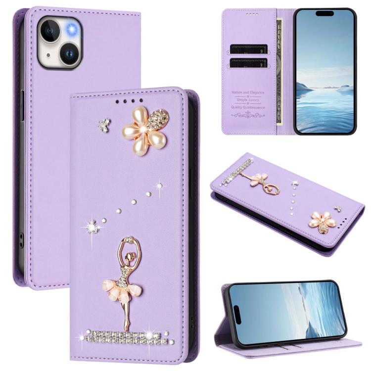 เคสโทรศัพท์หนังวีแกนแม่เหล็ก RFID ประดับเพชรลายสาวบัลเลต์ สำหรับ iPhone 16 Pro, สำหรับ iPhone 16 Plus, สำหรับ iPhone 16, สำหรับ iPhone 15 Pro Max, สำหรับ iPhone 15 Pro, สำหรับ iPhone 15 Plus