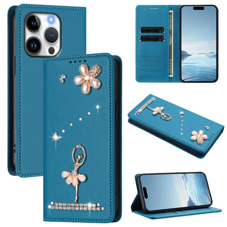 เคสโทรศัพท์หนังวีแกนแม่เหล็ก RFID ประดับเพชรลายสาวบัลเลต์ สำหรับ iPhone 16 Pro, สำหรับ iPhone 16 Plus, สำหรับ iPhone 16, สำหรับ iPhone 15 Pro Max, สำหรับ iPhone 15 Pro, สำหรับ iPhone 15 Plus