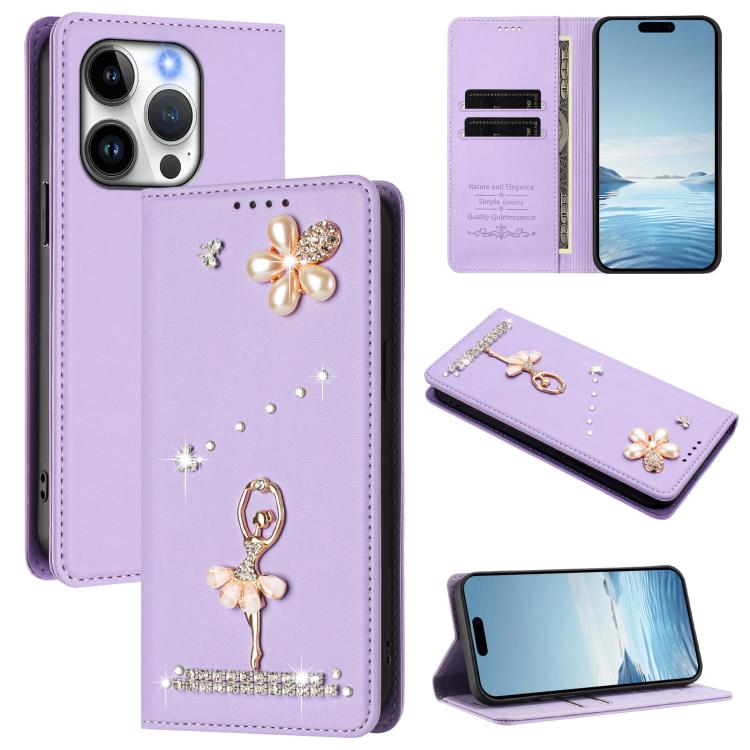 เคสโทรศัพท์หนังวีแกนแม่เหล็ก RFID ประดับเพชรลายสาวบัลเลต์ สำหรับ iPhone 16 Pro, สำหรับ iPhone 16 Plus, สำหรับ iPhone 16, สำหรับ iPhone 15 Pro Max, สำหรับ iPhone 15 Pro, สำหรับ iPhone 15 Plus