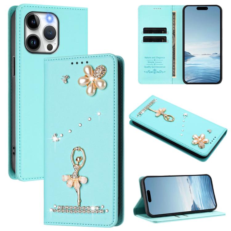 เคสโทรศัพท์หนังวีแกนแม่เหล็ก RFID ประดับเพชรลายสาวบัลเลต์ สำหรับ iPhone 16 Pro, สำหรับ iPhone 16 Plus, สำหรับ iPhone 16, สำหรับ iPhone 15 Pro Max, สำหรับ iPhone 15 Pro, สำหรับ iPhone 15 Plus