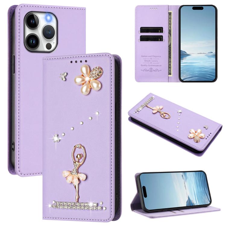 เคสโทรศัพท์หนังวีแกนแม่เหล็ก RFID ประดับเพชรลายสาวบัลเลต์ สำหรับ iPhone 16 Pro, สำหรับ iPhone 16 Plus, สำหรับ iPhone 16, สำหรับ iPhone 15 Pro Max, สำหรับ iPhone 15 Pro, สำหรับ iPhone 15 Plus