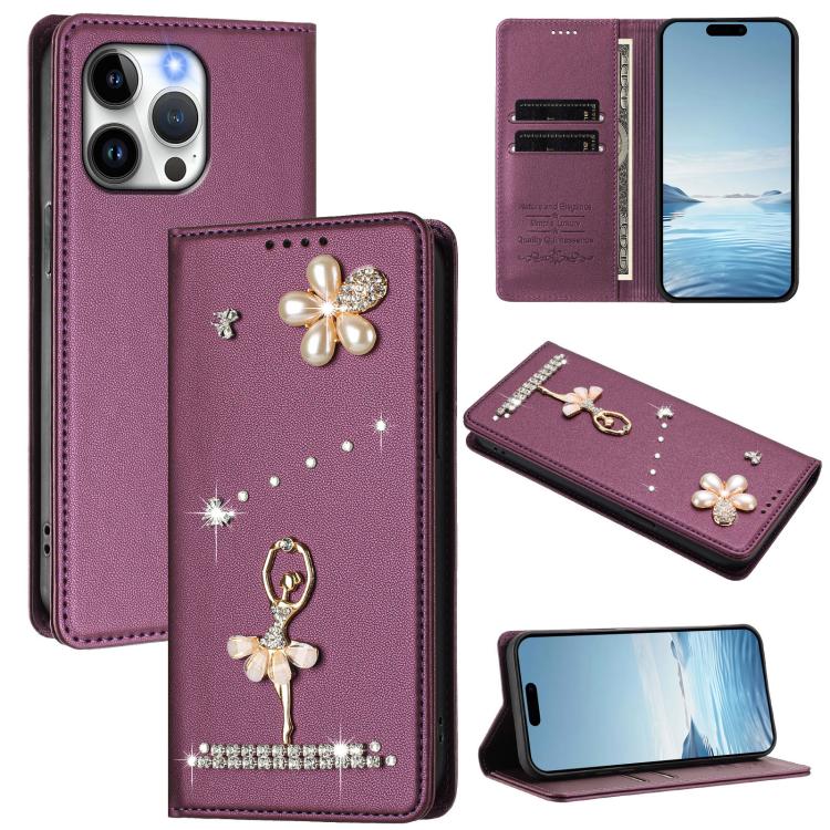 เคสโทรศัพท์หนังวีแกนแม่เหล็ก RFID ประดับเพชรลายสาวบัลเลต์ สำหรับ iPhone 16 Pro, สำหรับ iPhone 16 Plus, สำหรับ iPhone 16, สำหรับ iPhone 15 Pro Max, สำหรับ iPhone 15 Pro, สำหรับ iPhone 15 Plus
