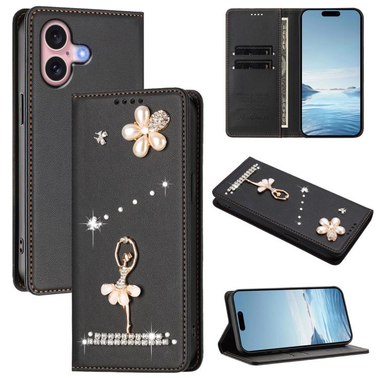 เคสโทรศัพท์หนังวีแกนแม่เหล็ก RFID ประดับเพชรลายสาวบัลเลต์ สำหรับ iPhone 16 Pro, สำหรับ iPhone 16 Plus, สำหรับ iPhone 16, สำหรับ iPhone 15 Pro Max, สำหรับ iPhone 15 Pro, สำหรับ iPhone 15 Plus