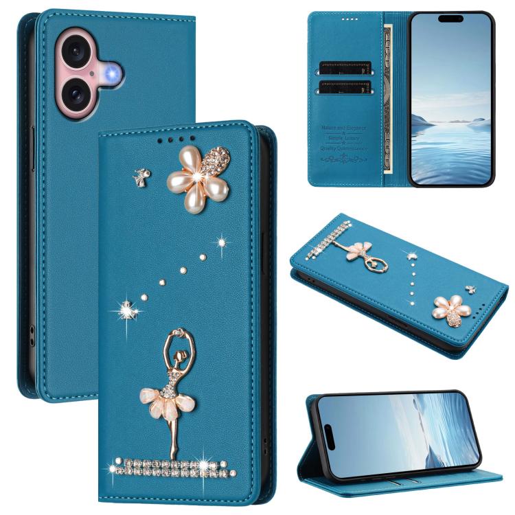 เคสโทรศัพท์หนังวีแกนแม่เหล็ก RFID ประดับเพชรลายสาวบัลเลต์ สำหรับ iPhone 16 Pro, สำหรับ iPhone 16 Plus, สำหรับ iPhone 16, สำหรับ iPhone 15 Pro Max, สำหรับ iPhone 15 Pro, สำหรับ iPhone 15 Plus