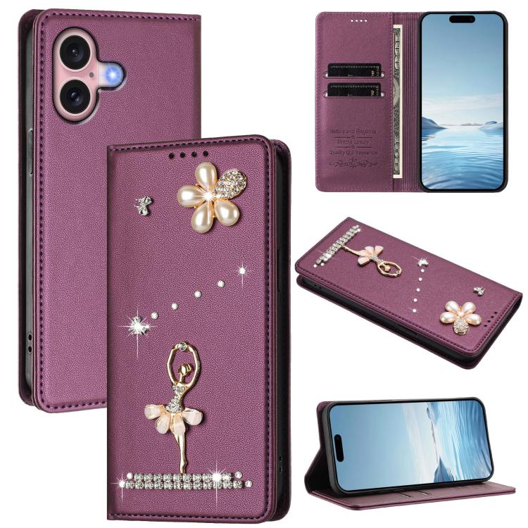 เคสโทรศัพท์หนังวีแกนแม่เหล็ก RFID ประดับเพชรลายสาวบัลเลต์ สำหรับ iPhone 16 Pro, สำหรับ iPhone 16 Plus, สำหรับ iPhone 16, สำหรับ iPhone 15 Pro Max, สำหรับ iPhone 15 Pro, สำหรับ iPhone 15 Plus