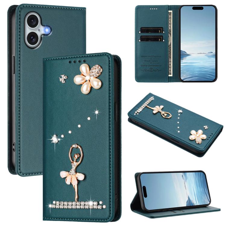 เคสโทรศัพท์หนังวีแกนแม่เหล็ก RFID ประดับเพชรลายสาวบัลเลต์ สำหรับ iPhone 16 Pro, สำหรับ iPhone 16 Plus, สำหรับ iPhone 16, สำหรับ iPhone 15 Pro Max, สำหรับ iPhone 15 Pro, สำหรับ iPhone 15 Plus