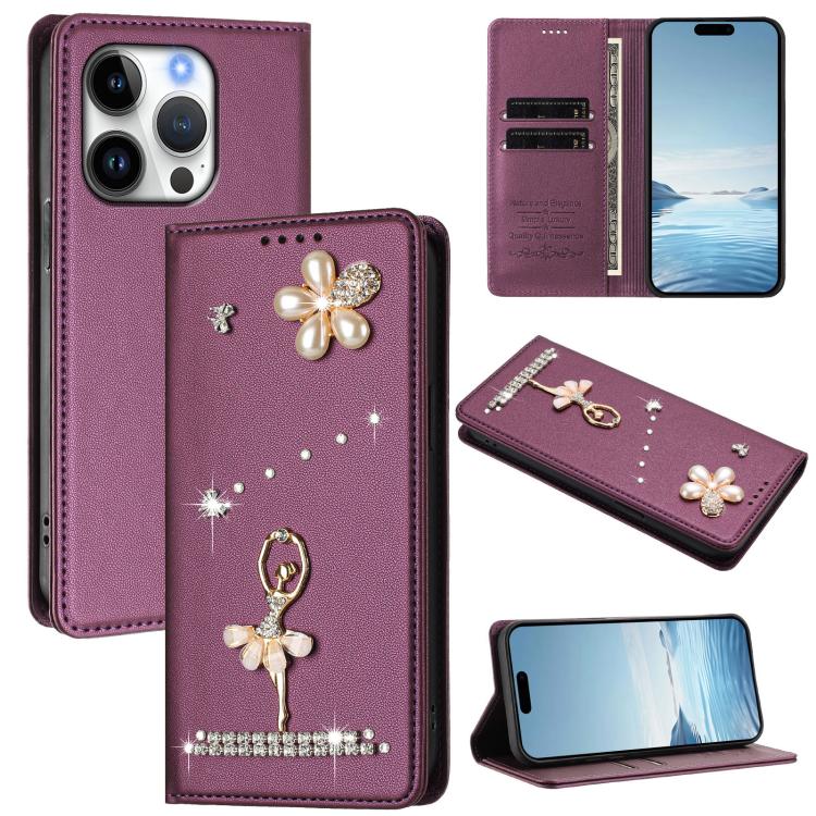 เคสโทรศัพท์หนังวีแกนแม่เหล็ก RFID ประดับเพชรลายสาวบัลเลต์ สำหรับ iPhone 16 Pro, สำหรับ iPhone 16 Plus, สำหรับ iPhone 16, สำหรับ iPhone 15 Pro Max, สำหรับ iPhone 15 Pro, สำหรับ iPhone 15 Plus