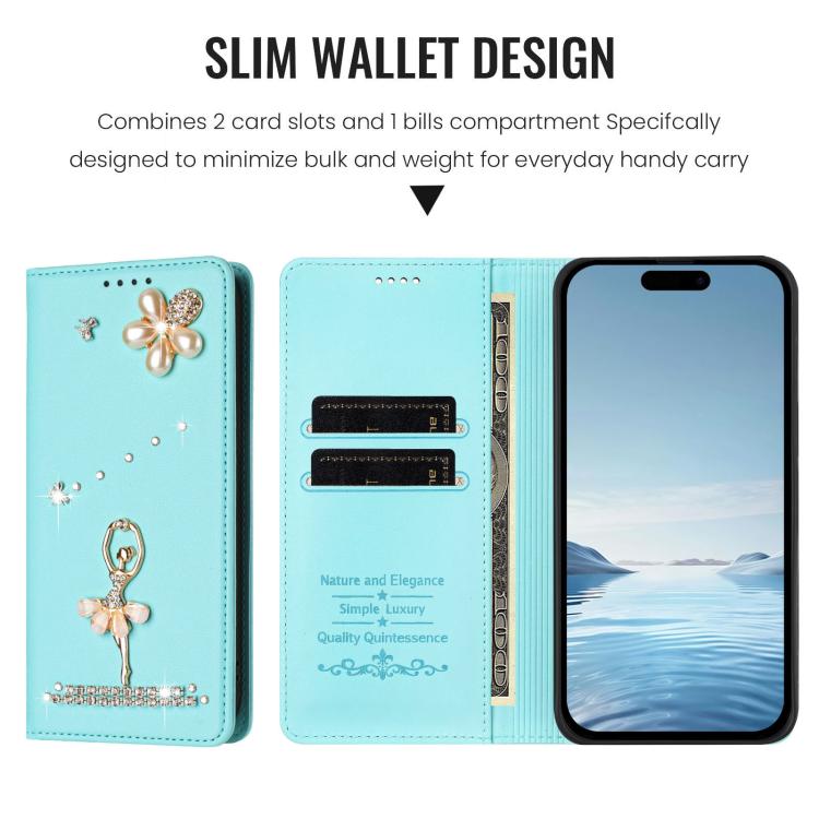 เคสโทรศัพท์หนังวีแกนแม่เหล็ก RFID ประดับเพชรลายสาวบัลเลต์ สำหรับ iPhone 17e / 16e, สำหรับ iPhone 17 Pro Max, สำหรับ iPhone 17 Pro, สำหรับ iPhone 17, สำหรับ iPhone Air, สำหรับ iPhone 16 Pro Max