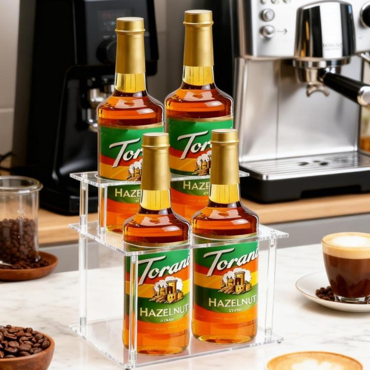 ชั้นวางน้ำเชื่อมกาแฟอะคริลิคใสสองชั้น ออแกไนเซอร์ตั้งโต๊ะ บาร์เคาน์เตอร์ แท่นโชว์ไวน์