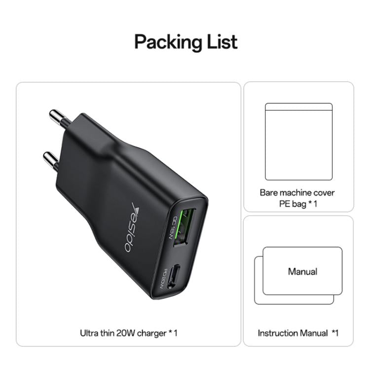 Yesido YC112 ที่ชาร์จเร็ว PD QC 20W แบบพอร์ตคู่บางพิเศษ, YC112