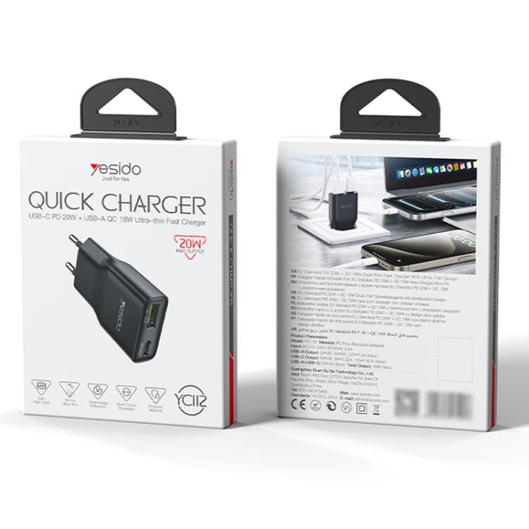 Yesido YC112 ที่ชาร์จเร็ว PD QC 20W แบบพอร์ตคู่บางพิเศษ, YC112