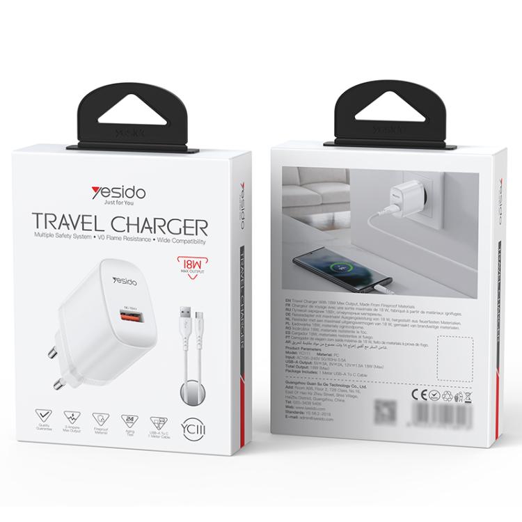 Yesido 18W USB Single Interface Charger Set with USB to Type-C Cable, EU Plug, UK Plug, US Plug