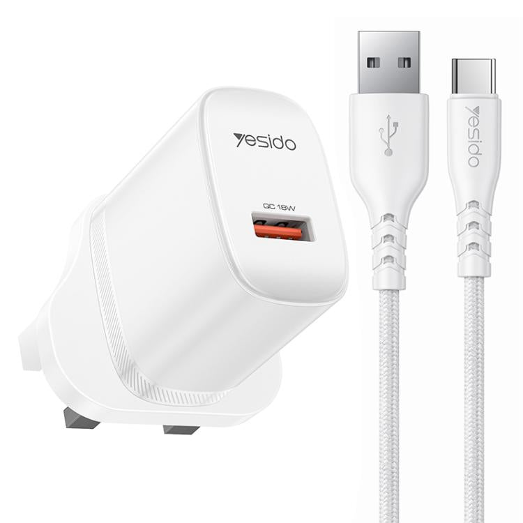 Yesido 18W USB Single Interface Charger Set with USB to Type-C Cable, EU Plug, UK Plug, US Plug