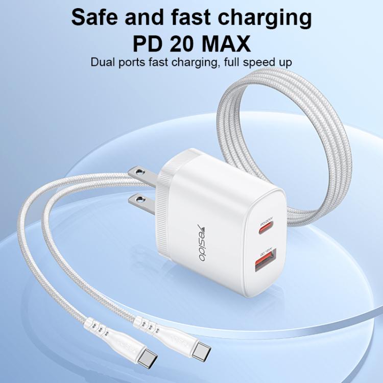 ชุดชาร์จ Yesido YC19U PD20W USB-C / Type-C และ QC18W USB-A แบบพอร์ตคู่ พร้อมสาย Type-C เป็น Type-C รุ่น YC19U