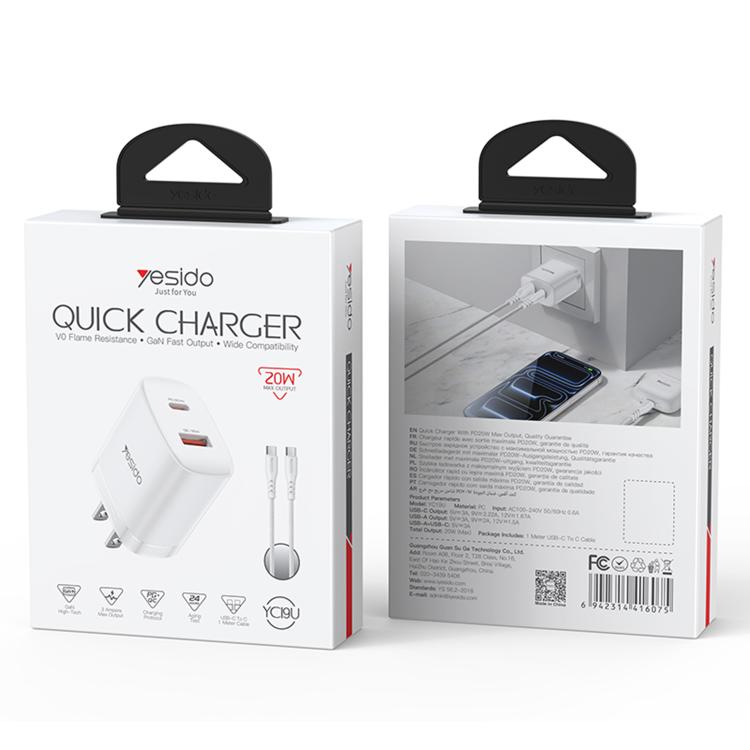 ชุดชาร์จ Yesido YC19U PD20W USB-C / Type-C และ QC18W USB-A แบบพอร์ตคู่ พร้อมสาย Type-C เป็น Type-C รุ่น YC19U
