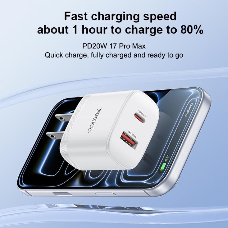 ชุดชาร์จ Yesido YC19U PD20W USB-C / Type-C และ QC18W USB-A แบบพอร์ตคู่ พร้อมสาย Type-C เป็น Type-C รุ่น YC19U