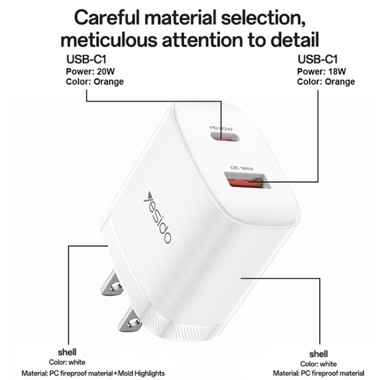 ชุดชาร์จ Yesido YC19U PD20W USB-C / Type-C และ QC18W USB-A แบบพอร์ตคู่ พร้อมสาย Type-C เป็น Type-C รุ่น YC19U