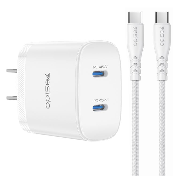 Yesido PD45W Dual Type-C Fast Charger Kit with Type-C to Type-C Cable, US Plug, EU Plug, UK Plug